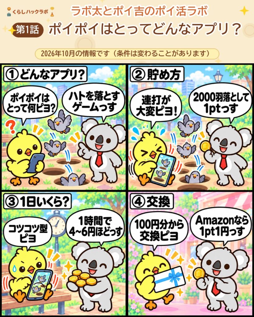 ポイポイはとの4コマ漫画(基本編):どんなアプリ・貯め方・1日いくら・交換