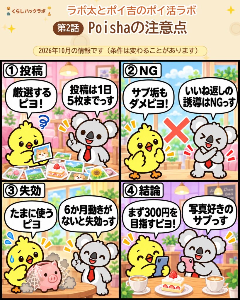 Poisha（ポイシャ）の4コマ漫画（注意点編）：投稿・NG・失効・結論