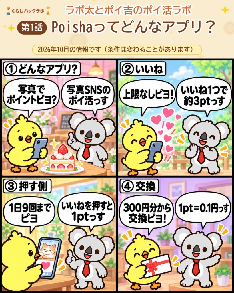 Poisha（ポイシャ）の4コマ漫画（基本編）：どんなアプリ・いいね・押す側・交換