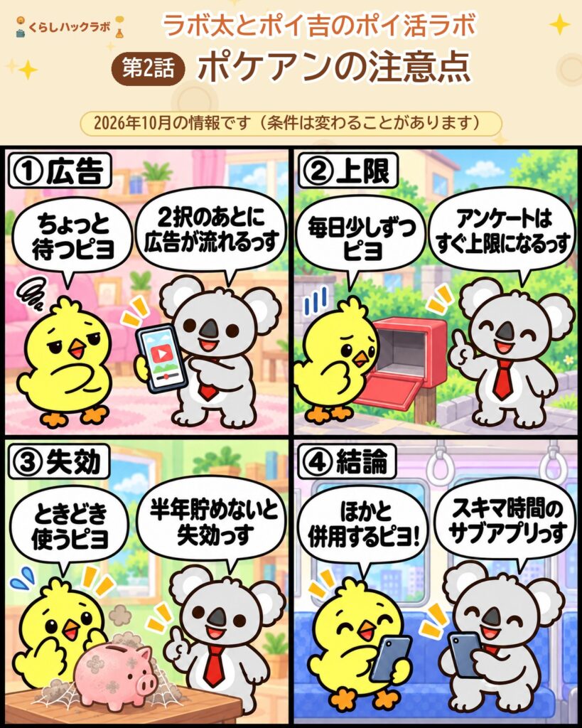 ポケアンの4コマ漫画（注意点編）：広告・上限・失効・結論