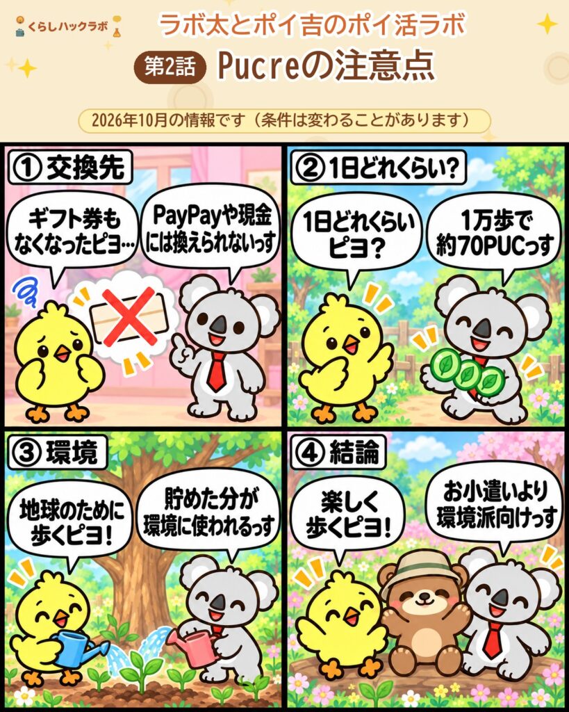 Pucre（プクレ）の4コマ漫画（注意点編）：交換先・1日どれくらい・環境・結論