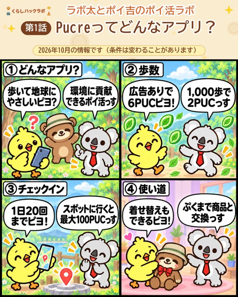 Pucre（プクレ）の4コマ漫画（基本編）：どんなアプリ・歩数・チェックイン・使い道