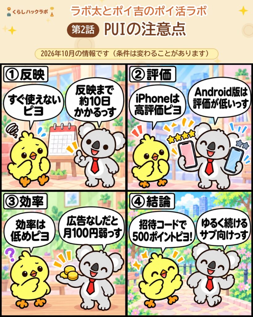 PUIの4コマ漫画（注意点編）：反映・評価・効率・結論