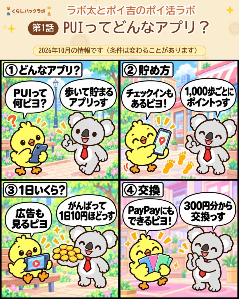 PUIの4コマ漫画（基本編）：どんなアプリ・貯め方・1日いくら・交換
