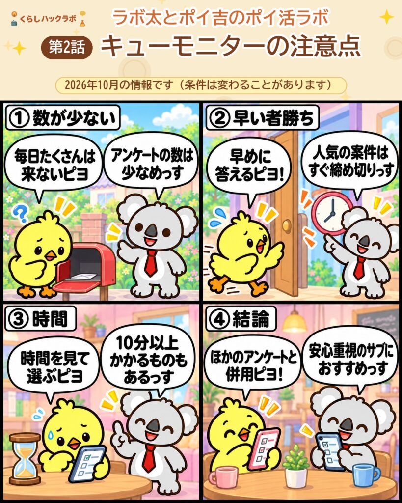 キューモニター（MyCue）の4コマ漫画（注意点編）：数が少ない・早い者勝ち・時間・結論