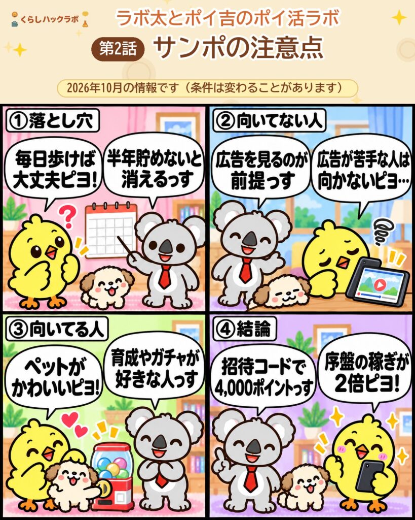 サンポの4コマ漫画（注意点編）：落とし穴・向いてない人・向いてる人・結論