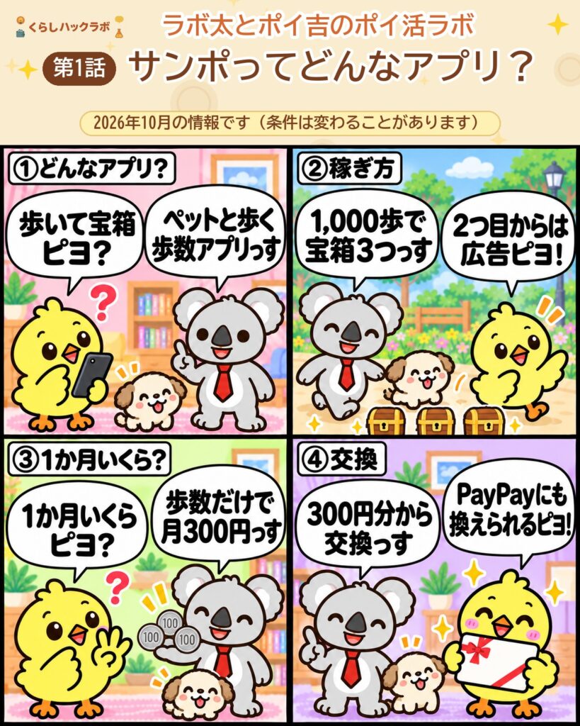 サンポの4コマ漫画（基本編）：しくみ・稼ぎ方・月いくら・交換