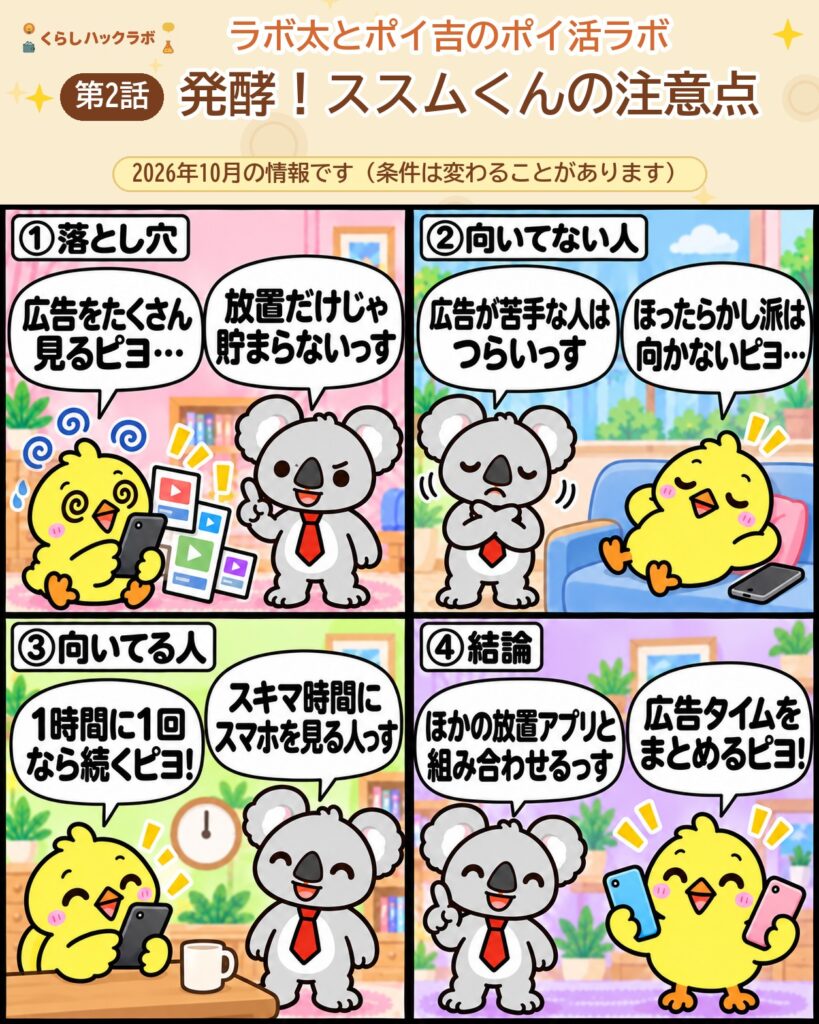 発酵！ススムくんの4コマ漫画（注意点編）：広告が必須・向いてない人・向いてる人・結論
