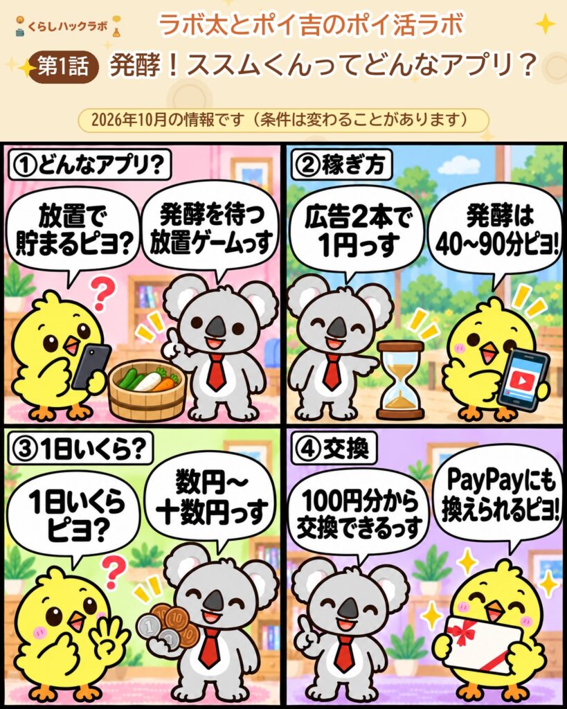 発酵！ススムくんの4コマ漫画（基本編）：どんなアプリ・稼ぎ方・1日いくら・交換