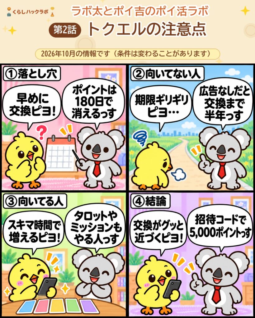トクエルの4コマ漫画（注意点編）：180日で失効・向いてない人・向いてる人・結論
