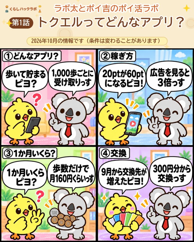 トクエルの4コマ漫画（基本編）：どんなアプリ・稼ぎ方・1か月いくら・交換