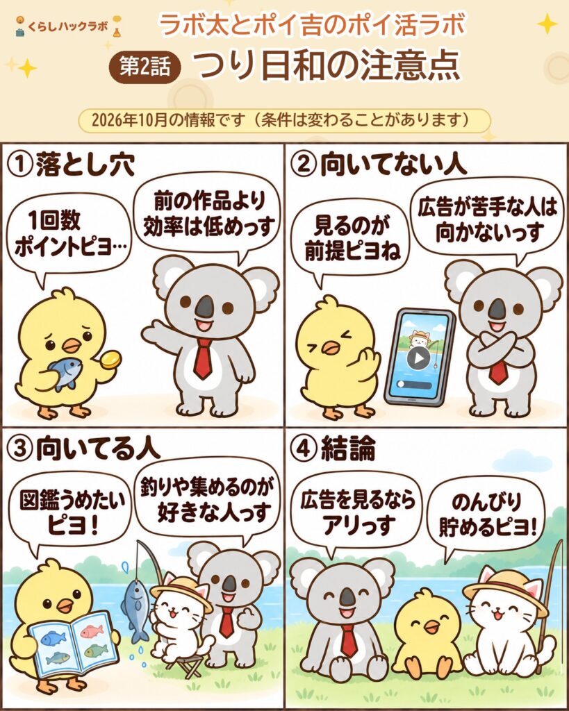 ポイ活にゃんこのつり日和の注意点 4コママンガ（注意点編）