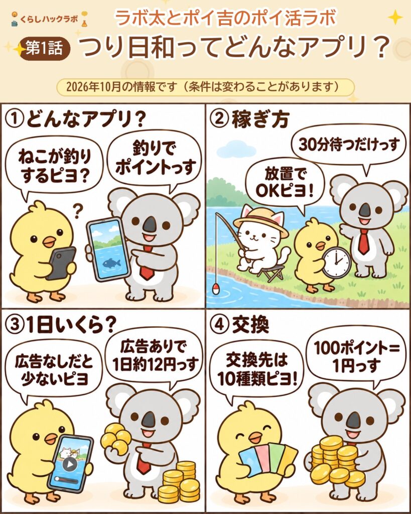 ポイ活にゃんこのつり日和ってどんなアプリ？4コママンガ（基本編）