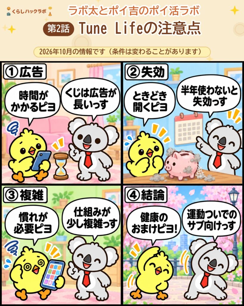 Tune Lifeの4コマ漫画（注意点編）：広告・失効・複雑・結論
