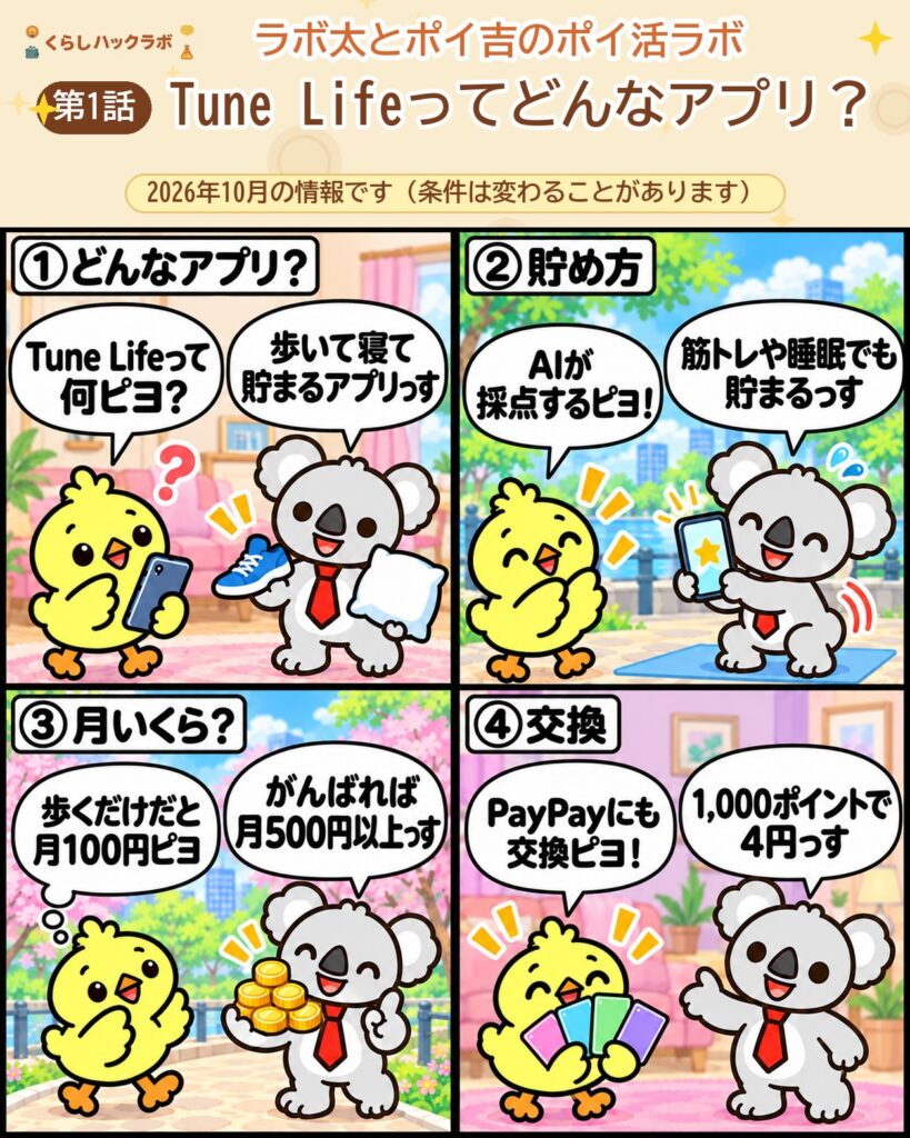 Tune Lifeの4コマ漫画（基本編）：どんなアプリ・貯め方・月いくら・交換