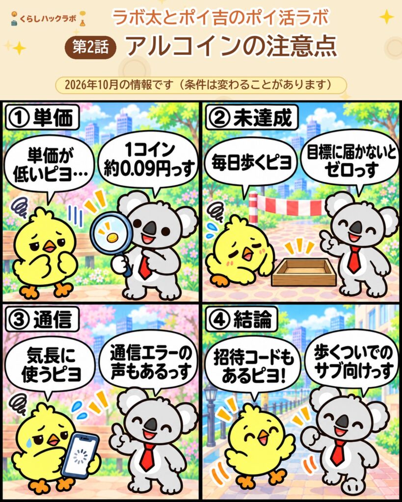 アルコインの4コマ漫画（注意点編）：単価・未達成・通信・結論