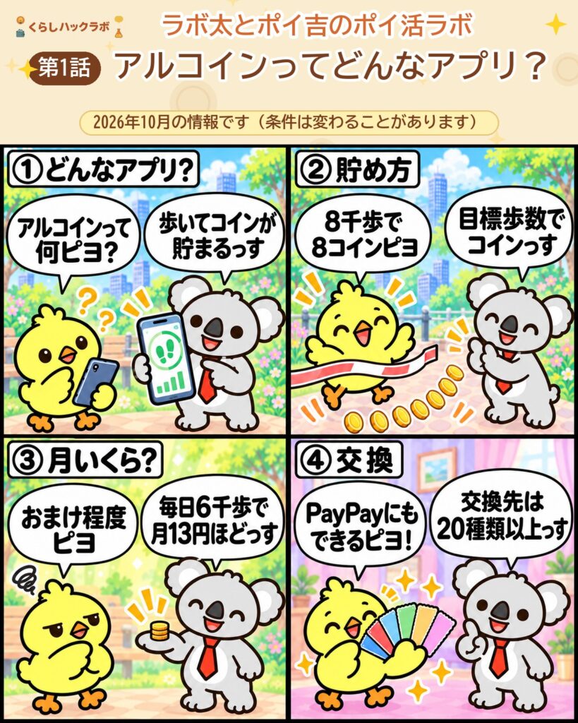 アルコインの4コマ漫画（基本編）：どんなアプリ・貯め方・月いくら・交換